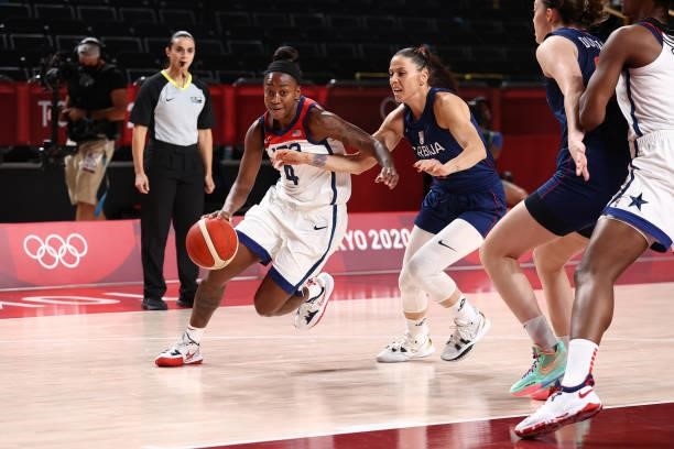 Jewell Loyd of the USA Women's National Team drives to the basket during the game against the Serbia Women's National Team during semifinals of the...