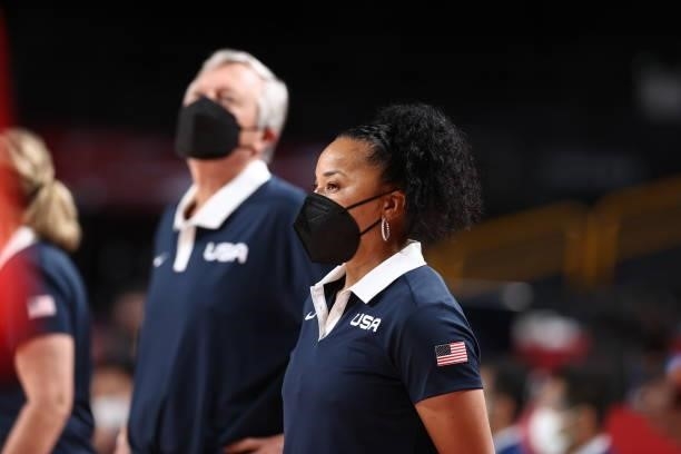 Head Coach Dawn Staley of the the USA Women's National Team looks on during the game against the Serbia Women's National Team during semifinals of...