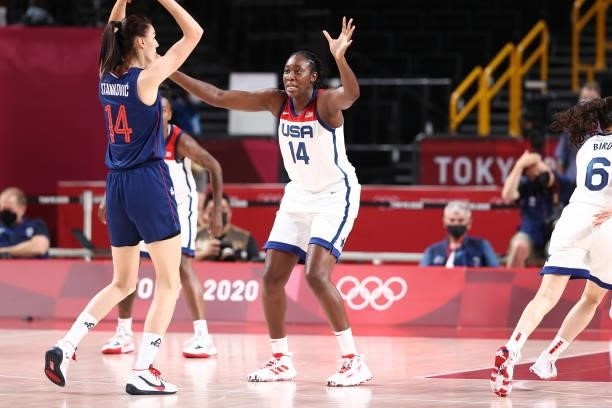 Tina Charles of the USA Women's National Team plays defense during the game against the Serbia Women's National Team during semifinals of the 2020...