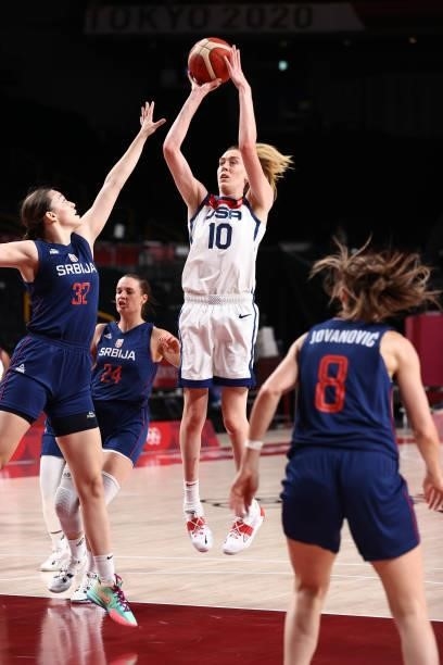Breanna Stewart of the USA Women's National Team shoots the ball during the game against the Serbia Women's National Team during semifinals of the...