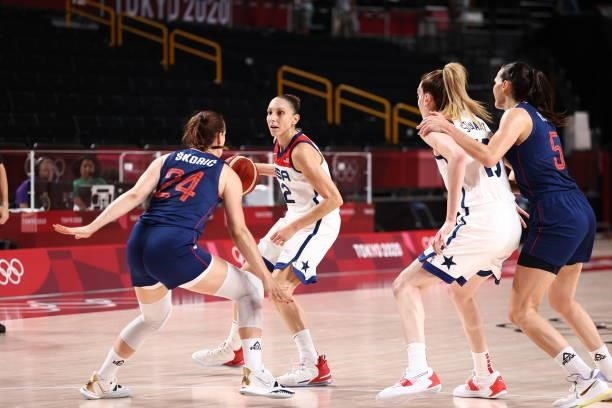 Diana Taurasi of the USA Women's National Team handles the ball during the game against the Serbia Women's National Team during semifinals of the...