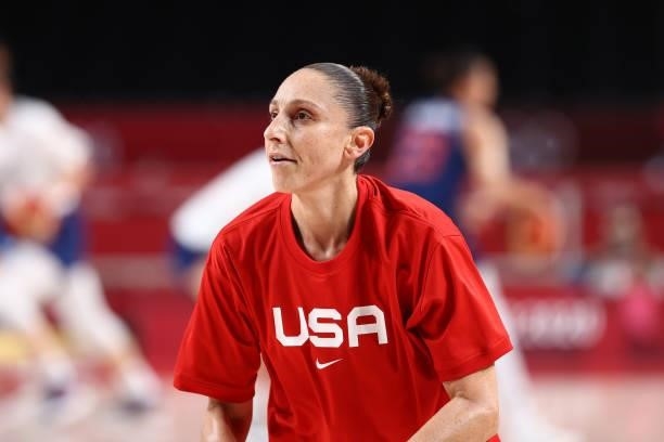 Diana Taurasi of the USA Women's National Team looks on during the game against the Serbia Women's National Team during semifinals of the 2020 Tokyo...