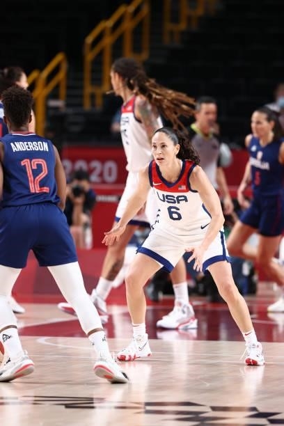 Sue Bird of the USA Women's National Team plays defense during the game against the Serbia Women's National Team during semifinals of the 2020 Tokyo...