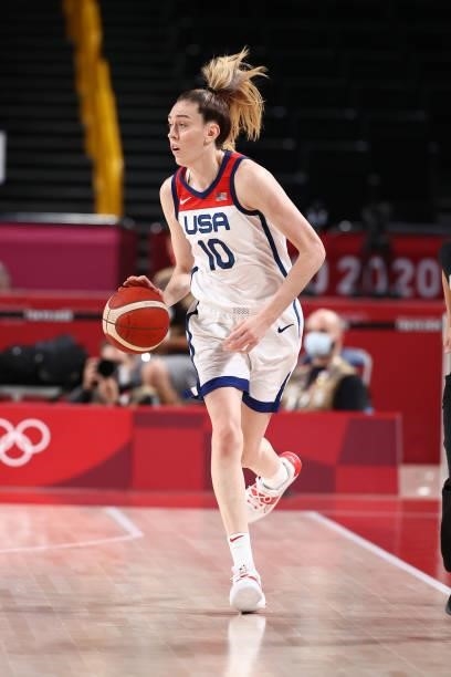 Breanna Stewart of the USA Women's National Team dribbles the ball during the game against the Serbia Women's National Team during semifinals of the...