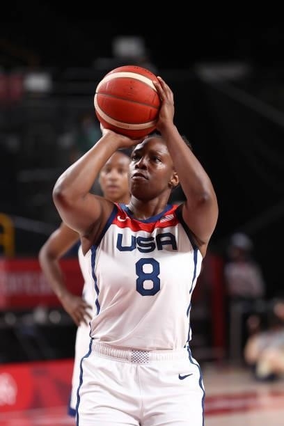 Chelsea Gray of the USA Women's National Team shoots the ball during the game against the Serbia Women's National Team during semifinals of the 2020...
