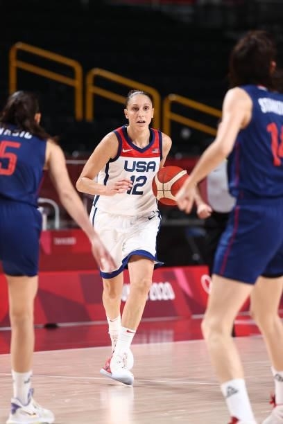 Diana Taurasi of the USA Women's National Team dribbles the ball during the game against the Serbia Women's National Team during semifinals of the...