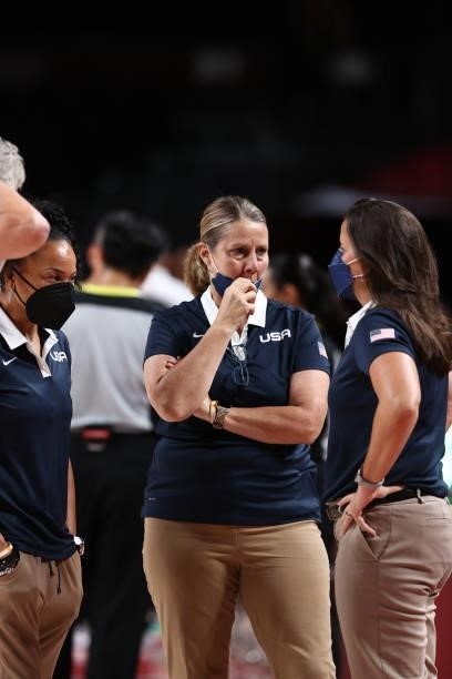 Assistant Coach Cheryl Reeve of the USA Basketball Womens National Team looks on during the game against the Serbia Women's National Team during...