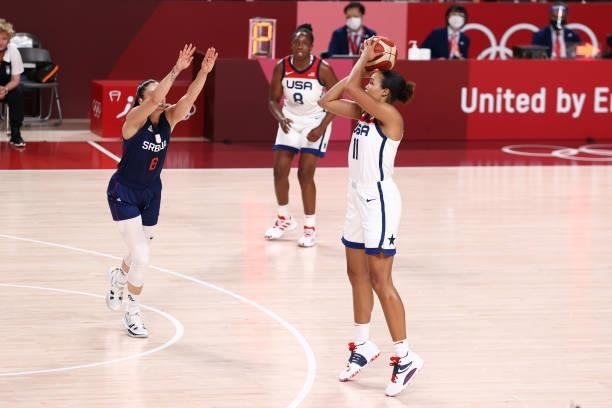 Napheesa Collier of the USA Women's National Team shoots the ball during the game against the Serbia Women's National Team during semifinals of the...