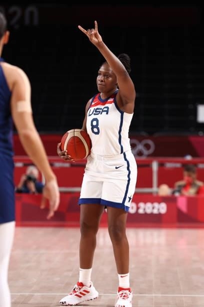 Chelsea Gray of the USA Women's National Team signals to teammates during the game against the Serbia Women's National Team during semifinals of the...