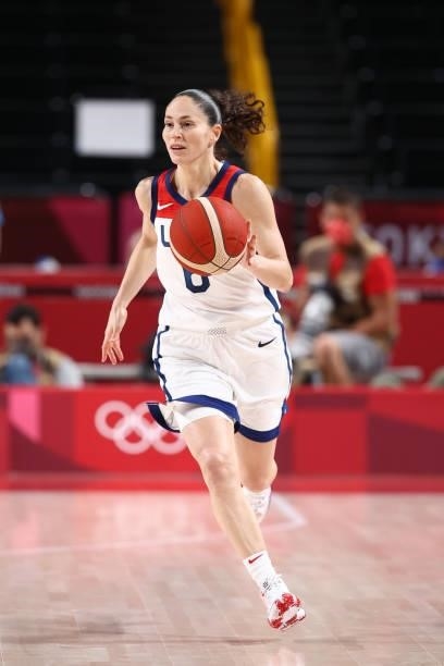 Sue Bird of the USA Women's National Team dribbles the ball during the game against the Serbia Women's National Team during semifinals of the 2020...