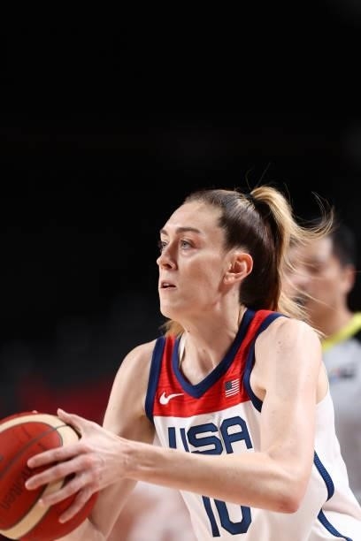 Breanna Stewart of the USA Women's National Team looks on during the game against the Serbia Women's National Team during semifinals of the 2020...