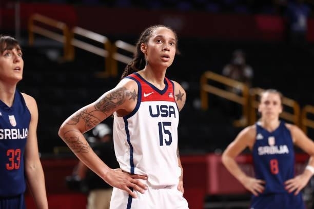 Brittney Griner of the USA Women's National Team looks on during the game against the Serbia Women's National Team during semifinals of the 2020...