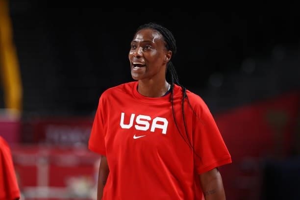 Sylvia Fowles of the USA Women's National Team smiles during the game against the Serbia Women's National Team during semifinals of the 2020 Tokyo...
