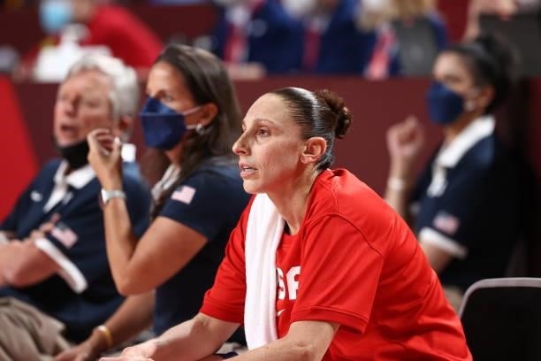 Diana Taurasi of the USA Women's National Team looks on during the game against the Serbia Women's National Team during semifinals of the 2020 Tokyo...
