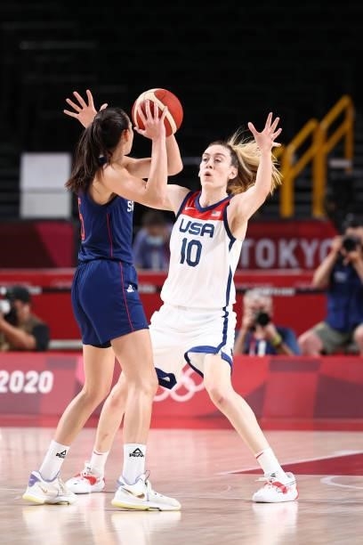Breanna Stewart of the USA Women's National Team plays defense during the game against the Serbia Women's National Team during semifinals of the 2020...