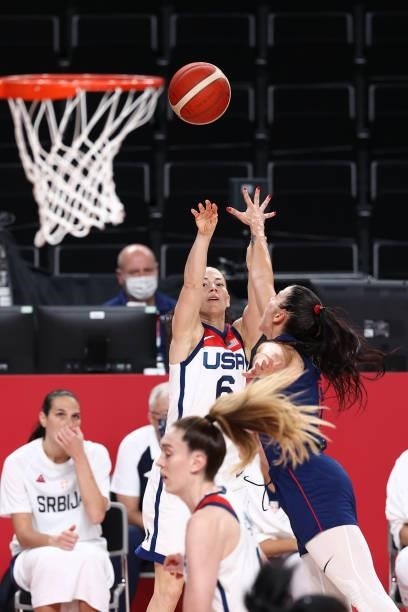 Sue Bird of the USA Women's National Team shoots the ball during the game against the Serbia Women's National Team during semifinals of the 2020...