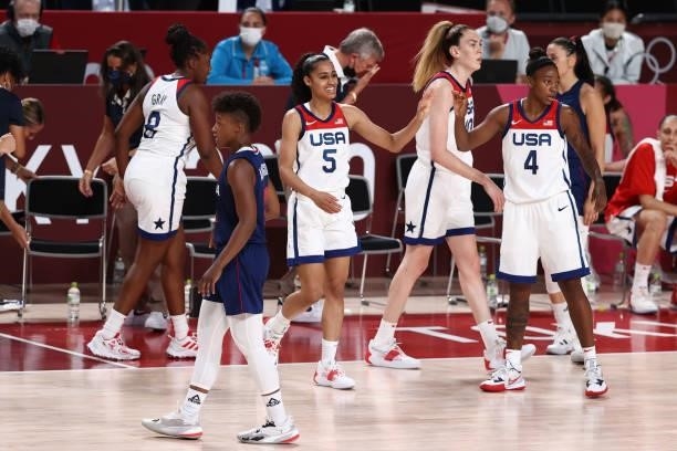 Skylar Diggins-Smith of the USA Women's National Team smiles during the game against the Serbia Women's National Team during semifinals of the 2020...