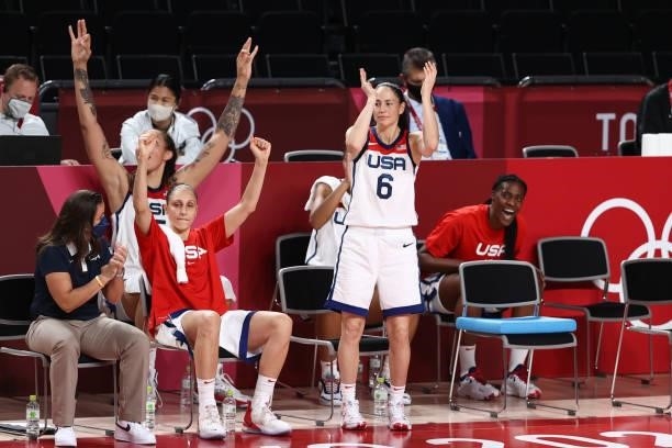 Diana Taurasi and Sue Bird of the USA Women's National Team celebrate from the bench during the game against the Serbia Women's National Team during...