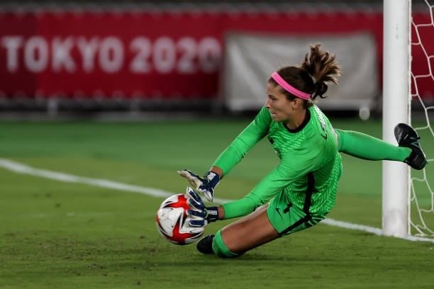 Stephanie LABBE the goalkeeper of Team save the penalty during victory the match between Sweden and Canada on day fourteenth of the Tokyo 2020...