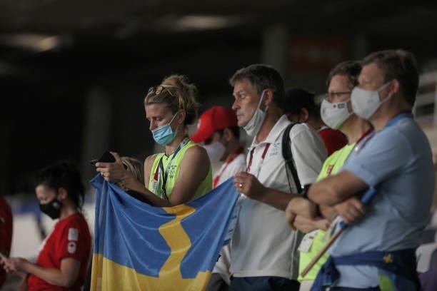 Sweden fans mourn during the Women's Football Competition Medal Ceremony on day fourteen of the Tokyo 2020 Olympic Games at International Stadium...