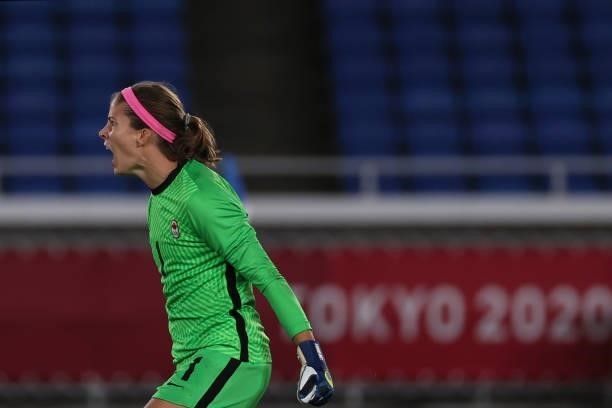 Stephanie LABBE the goalkeeper of Team Canada scream after victory the match between Sweden and Canada on day fourteenth of the Tokyo 2020 Olympic...