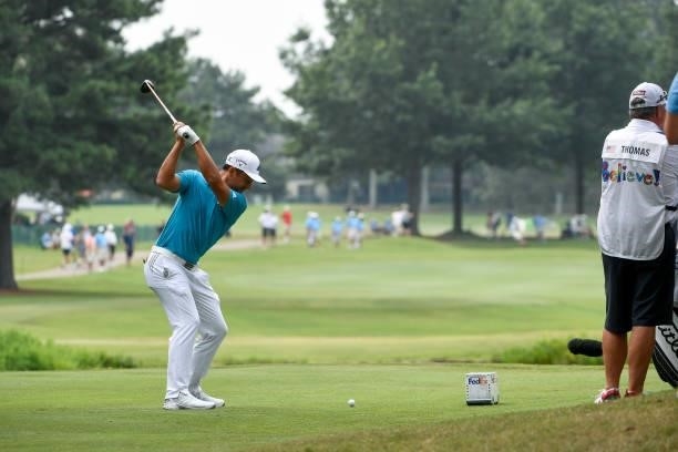 Xander Schauffele hits his drive at the 12th hole during the second round of the World Golf Championships-FedEx St. Jude Invitational at TPC...