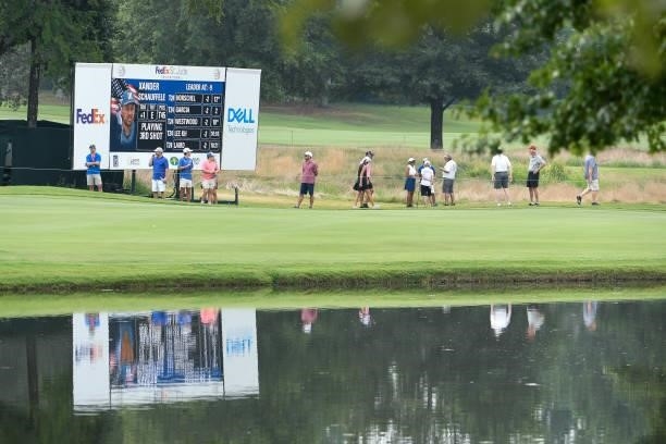Digital leaderboard during the second round of the World Golf Championships-FedEx St. Jude Invitational at TPC Southwind on August 6, 2021 in...