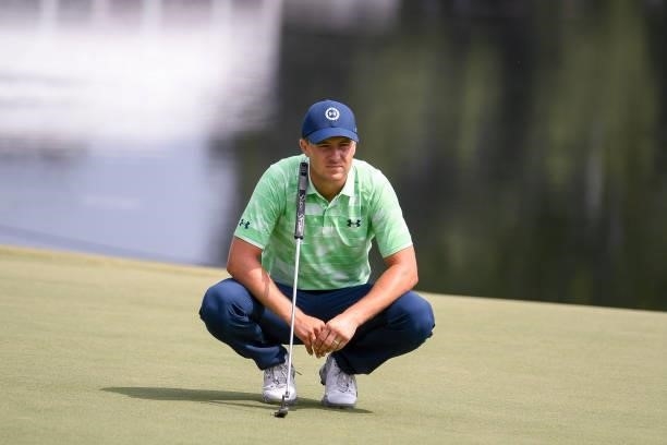 Jordan Spieth waits to putt at the 18th green during the second round of the World Golf Championships-FedEx St. Jude Invitational at TPC Southwind on...