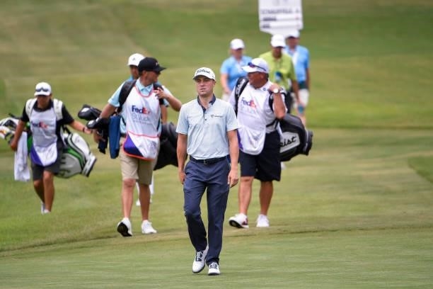 Justin Thomas walks up the 14th hole during the second round of the World Golf Championships-FedEx St. Jude Invitational at TPC Southwind on August...