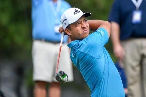 Xander Schauffele hits his tee shot at the 10th tee during the second round of the World Golf Championships-FedEx St. Jude Invitational at TPC...