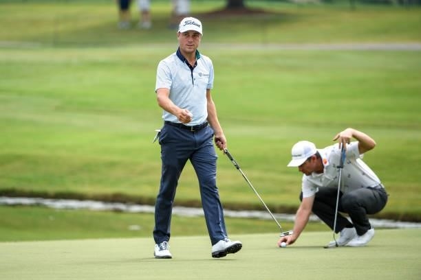 Justin Thomas at the 11th hole during the second round of the World Golf Championships-FedEx St. Jude Invitational at TPC Southwind on August 6, 2021...