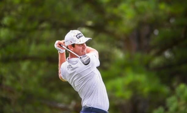 Harris English hits a shot during the second round of the World Golf Championships-FedEx St. Jude Invitational at TPC Southwind on August 6, 2021 in...