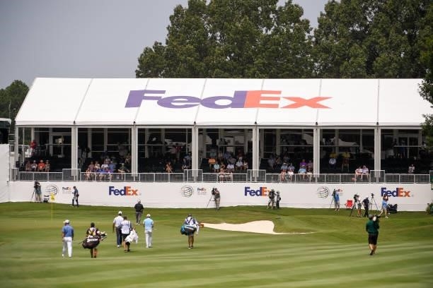 FedEx logo on the structure at the 17th hole during the second round of the World Golf Championships-FedEx St. Jude Invitational at TPC Southwind on...