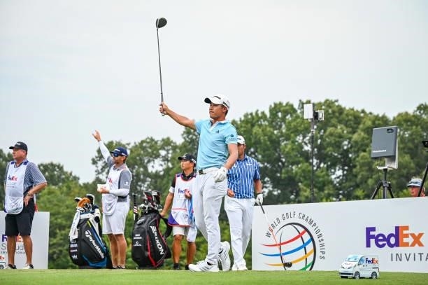 Collin Morikawa reacts fore right after playing his shot from the ninth tee during the second round of the World Golf Championships-FedEx St. Jude...