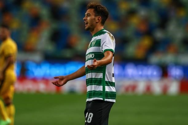 Pedro Goncalves of Sporting CP reacts during the Liga Bwin match between Sporting CP and FC Vizela at Estadio Jose Alvalade on August 8, 2021 in...