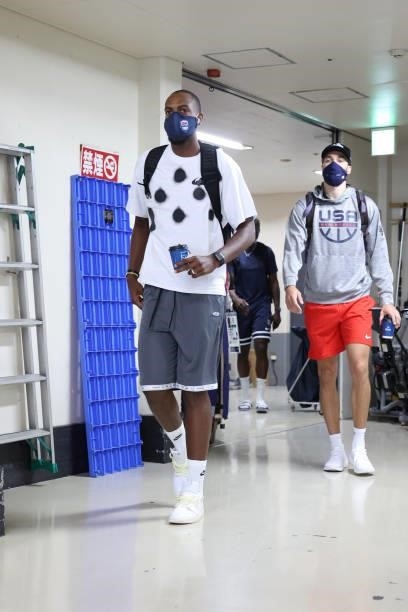 Khris Middleton of the USA Men's National Team departs from the hotel to the Gold Medal Game during the 2020 Tokyo Olympics on August 7, 2021 in...