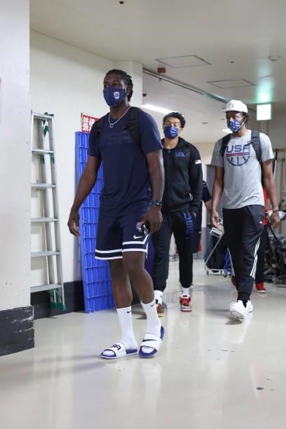 Jrue Holiday of the USA Men's National Team departs from the hotel to the Gold Medal Game during the 2020 Tokyo Olympics on August 7, 2021 in Tokyo,...
