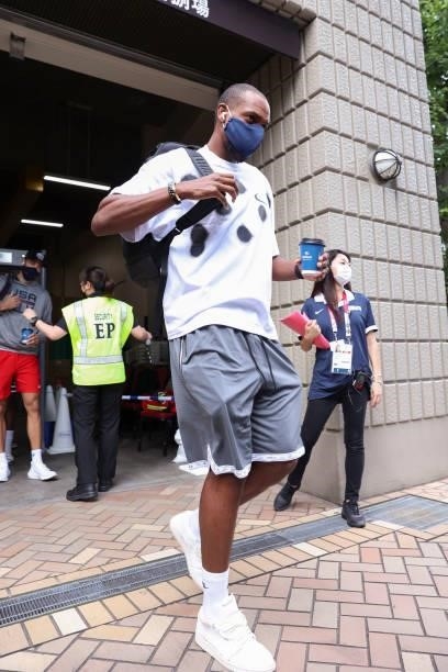 Khris Middleton of the USA Men's National Team departs for the Gold Medal Game against the France Men's National Team on August 7, 2021 in Tokyo,...