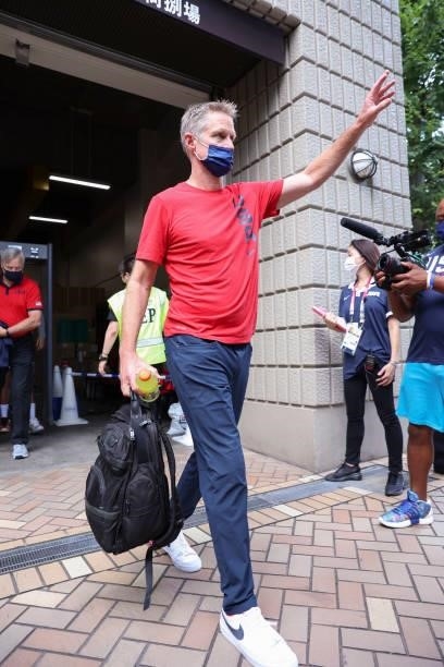 Assistant Coach Steve Kerr of the USA Men's National Team departs for the Gold Medal Game against the France Men's National Team on August 7, 2021 in...