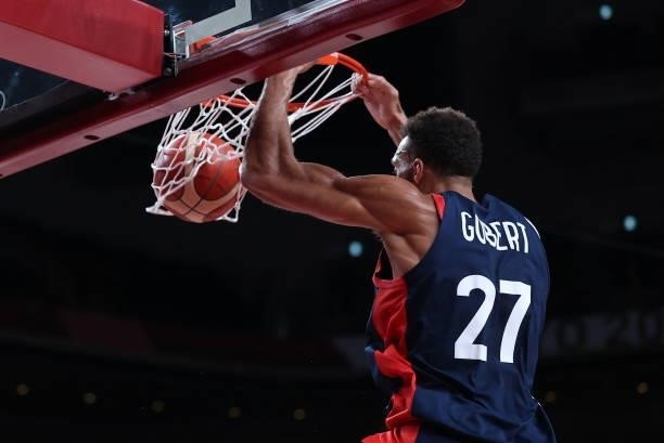 France's Rudy Gobert dunks the ball in the men's final basketball match between France and USA during the Tokyo 2020 Olympic Games at the Saitama...