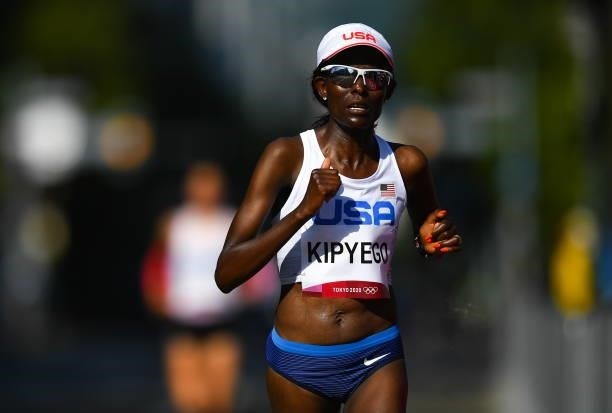 Hokkaido , Japan - 7 August 2021; Sally Kipyego of USA in action during the women's marathon at Sapporo Odori Park on day 15 during the 2020 Tokyo...