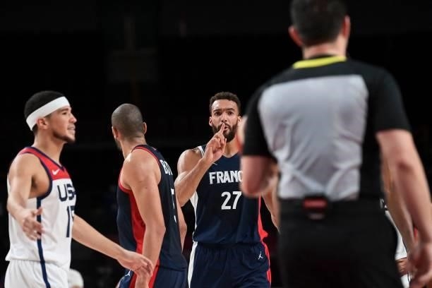 France's Rudy Gobert gestures during the men's final basketball match between France and USA of the Tokyo 2020 Olympic Games at the Saitama Super...