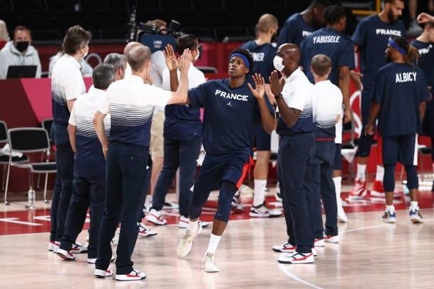 Frank Ntilikina of the France Men's National Team is introduced before the game against the USA Men's National Team during the Gold Medal Game of the...