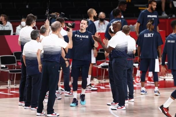 Thomas Heurtel of the France Men's National Team is introduced before the game against the USA Men's National Team during the Gold Medal Game of the...