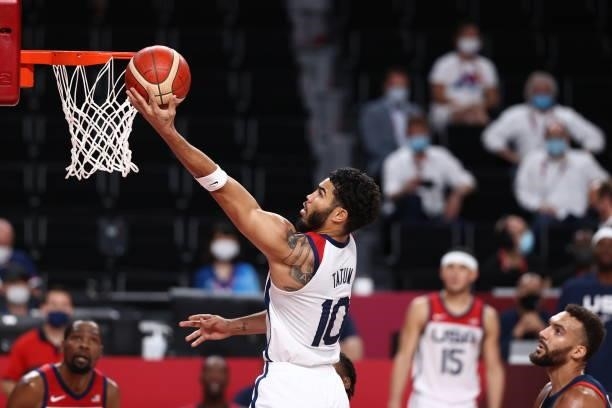 Jayson Tatum of the USA Men's National Team shoots the ball during the game against the France Men's National Team during the Gold Medal Game of the...