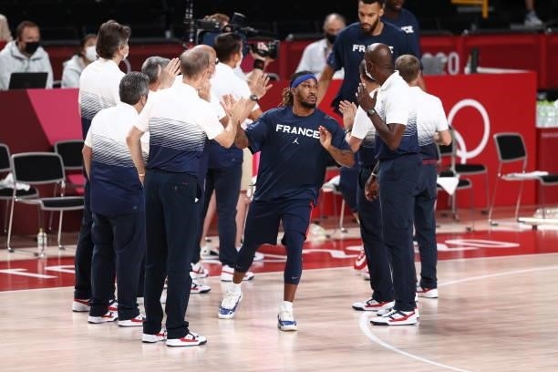 Andrew Albicy of the France Men's National Team is introduced before the game against the USA Men's National Team during the Gold Medal Game of the...