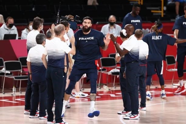 Vincent Poirier of the France Men's National Team is introduced before the game against the USA Men's National Team during the Gold Medal Game of the...