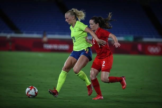 Stina BLACKSTENIUS of Team Sweden competes for the ball with Allysha CHAPMAN of Team Canada during the match between Sweden and Canada on day...