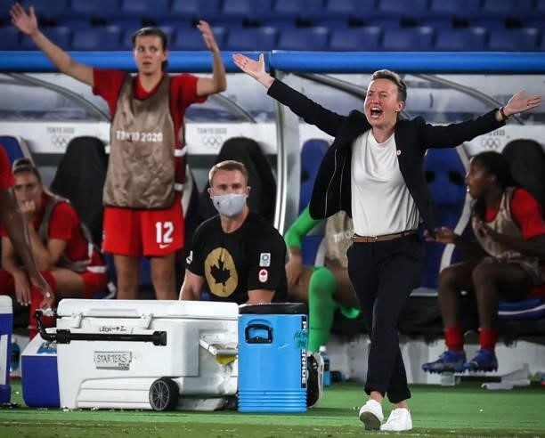 Head Coach Bev PRIESTMAN of Team Canada during the match between Sweden and Canada on day fourteenth of the Tokyo 2020 Olympic Games at International...