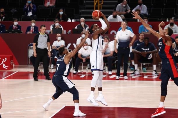 Bam Adebayo of the USA Men's National Team shoots the ball during the game against the France Men's National Team during the Gold Medal Game of the...